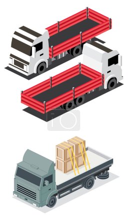 Photo for Isometric Red Flatbed Cargo Truck. Commercial Transport. Logistics. City Object for Infographics. Illustration. Car for Carriage of Goods. Front and Back View. Flatbed Cargo Truck with Boxes. - Royalty Free Image