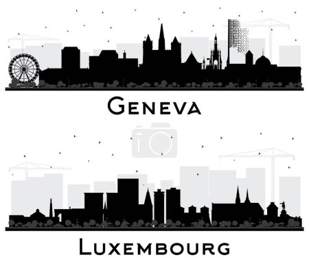 Téléchargez les photos : Luxembourg et Genève Suisse City Skyline Silhouette sertie de bâtiments noirs isolés sur blanc. Paysage urbain avec des monuments. Concept de voyage et de tourisme avec architecture historique. - en image libre de droit