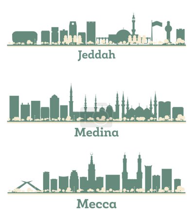 Photo for Abstract Medina, Mecca and Jeddah Saudi Arabia City Skyline silhouette set with Color Buildings. Illustration. Business Travel and Tourism Concept with Modern Architecture. - Royalty Free Image