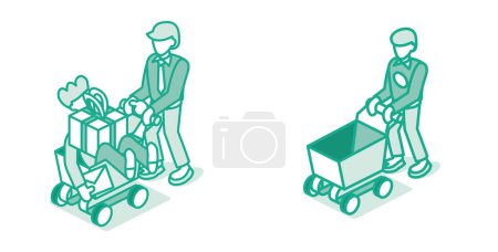 Photo for Man Push Shopping Cart with Friend and Gift Box. Big Sale Icon. Supermarket Trolley. Outline Isometric Concept. Isolated on White. E-commerce and Online Shopping. Funny Buyers. - Royalty Free Image