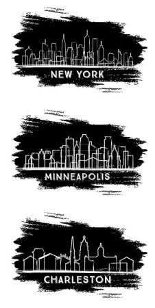 Foto de Minneapolis Minnesota, Charleston South Carolina y New York USA City Skyline Silhouette set. Boceto dibujado a mano. Concepto de viajes de negocios y turismo con arquitectura moderna. - Imagen libre de derechos