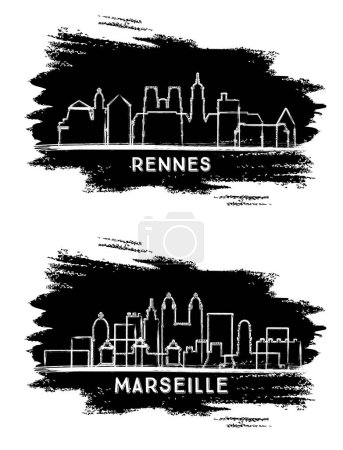 Foto de Marsella y Rennes France City Skyline Silhouette conjunto. Boceto dibujado a mano. Concepto de viajes de negocios y turismo con arquitectura moderna. Paisaje urbano con puntos de referencia. - Imagen libre de derechos