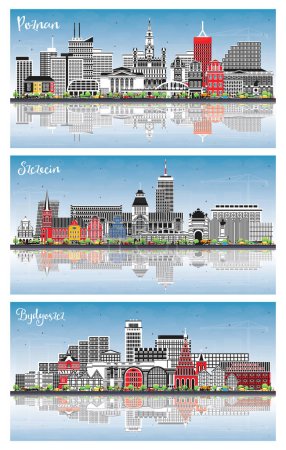 Téléchargez les photos : Bydgoszcz, Szczecin et Poznan Poland City Skyline avec bâtiments colorés, ciel bleu et reflets. Paysage urbain avec des monuments. Voyages d'affaires et tourisme Concept avec architecture historique - en image libre de droit