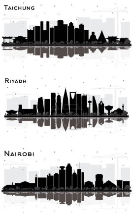 Foto de Riad Arabia Saudita, Nairobi Kenia y Taichung Taiwan City Skyline Silhouette con edificios negros y reflexiones aisladas en blanco. - Imagen libre de derechos