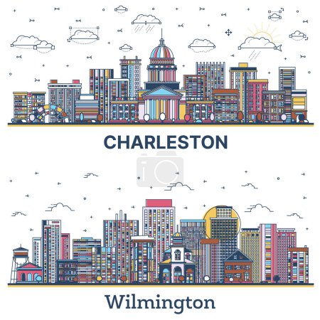 Téléchargez les photos : Aperçu Wilmington Delaware et Charleston West Virginia USA City Skyline avec des bâtiments de couleur moderne isolés sur blanc. Paysage urbain avec des monuments. - en image libre de droit