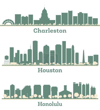 Foto de Resumen Houston Texas, Honolulu Hawaii y Charleston USA City Skyline con edificios a color. Ilustración. Concepto de viajes de negocios y turismo con arquitectura moderna. - Imagen libre de derechos