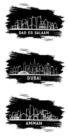 Photo for Dubai UAE, Amman Jordan and Dar Es Salaam Tanzania City Skyline Silhouette set. Hand Drawn Sketch. Business Travel and Tourism Concept with Modern Architecture. - Royalty Free Image