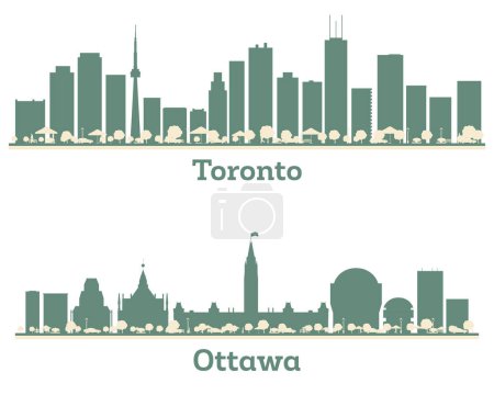 Téléchargez les photos : Résumé Ottawa et Toronto Canada City Skyline set With Color Buildings. Paysage urbain avec des monuments. Illustration. - en image libre de droit