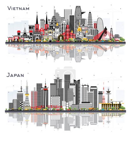 Photo for Japan and Vietnam city skyline set with gray buildings and reflections isolated on white. Tourism concept. Cityscape with landmarks. Hanoi. Ho Chi Minh. Haiphong. Da Nang. - Royalty Free Image
