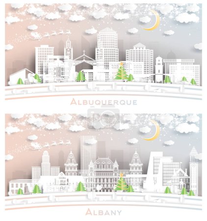 Photo for Albany New York and Albuquerque New Mexico USA. Winter City Skyline in Paper Cut Style with Snowflakes, Moon and Neon Garland. Christmas and New Year Concept. Santa Claus on Sleigh. - Royalty Free Image
