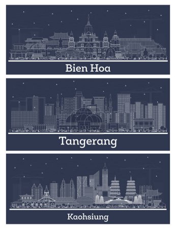 Foto de Bosquejo Tangerang Indonesia, Kaohsiung Taiwán y Bien Hoa horizonte de la ciudad de Vietnam con edificios blancos. Ilustración. Paisaje urbano con hitos. - Imagen libre de derechos