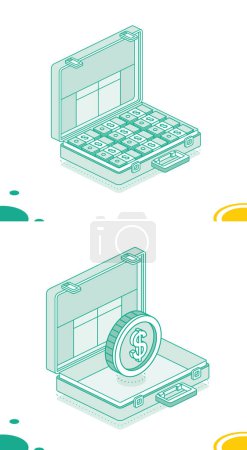 Photo for Business briefcase with packs of dollars and dollar coin. Isometric outline concept. Illustration. 3d object. - Royalty Free Image