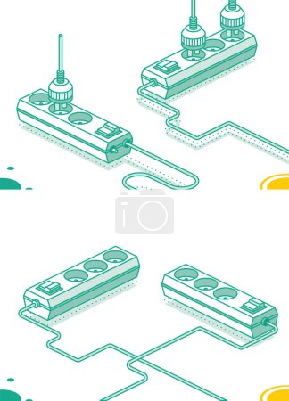 Photo for Modern Electric Extension Cord with Plug. Electrical Power Socket Strip. Illustration. Isometric Outline Concept. Two Objects. Powerboard with Three Slots. - Royalty Free Image