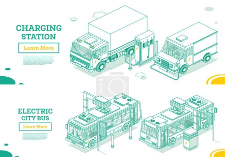 Photo for Isometric Electric Bus on Charging Station. Outline Concept. Illustration. Truck and Van. Eco Transport. Green Energy. Electromobile Charging Station. - Royalty Free Image