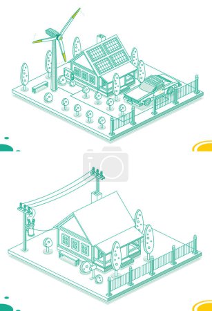Photo for Isometric Smart House with Solar Panels, Wind Turbine and Electric Transformer. Generation of Green Energy. Isometric Small House with Electric Pole and Transformer on It. - Royalty Free Image