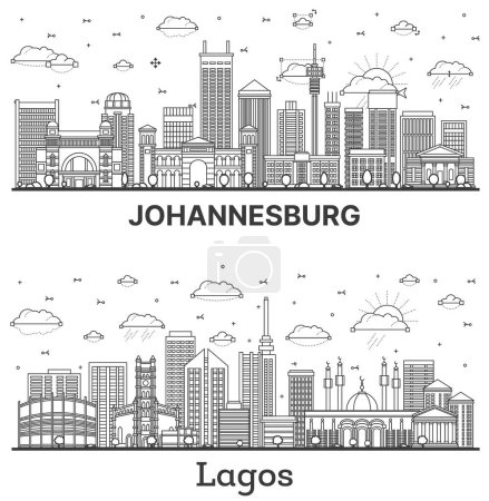 Photo for Outline Lagos Nigeria and Johannesburg South Africa City Skyline set with Modern and Historic Buildings Isolated on White. Illustration. Cityscape with Landmarks. - Royalty Free Image