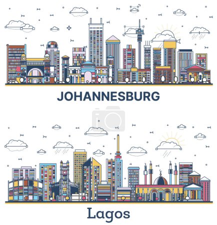 Téléchargez les photos : Aperçu Lagos Nigeria et Johannesburg South Africa City Skyline ensemble avec des bâtiments modernes et historiques colorés isolés sur blanc. Illustration. Paysage urbain avec des monuments. - en image libre de droit