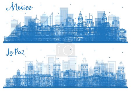 Photo for Outline La Paz Bolivia and Mexico City Skyline set with Blue Buildings. Illustration. Business Travel and Tourism Concept with Historic Architecture. Cityscape with Landmarks. - Royalty Free Image