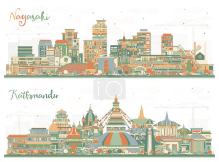 Téléchargez les photos : Katmandou Nepal and Nagasaki Japan City Skyline set with Color Buildings. Illustration. Paysage urbain avec des monuments. Voyages d'affaires et tourisme Concept avec architecture historique. - en image libre de droit