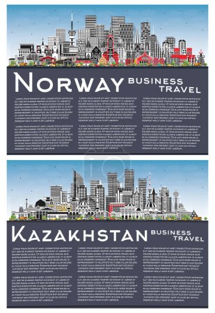 Photo for Kazakhstan and Norway city skyline set with gray buildings, blue sky and copy space. Illustration. Concept with historic architecture. Cityscape with landmarks. Oslo. Stavanger. Trondheim. Bergen. - Royalty Free Image