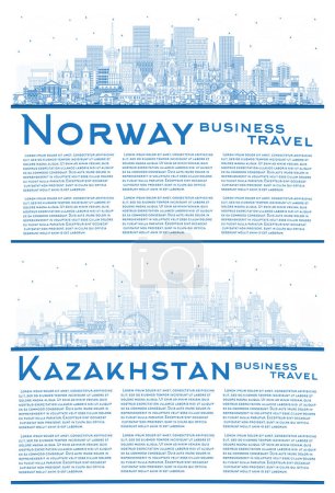 Photo for Outline Kazakhstan and Norway city skyline set with blue buildings and copy space. Illustration. Concept with historic and modern architecture. Cityscape with landmarks. Oslo. Stavanger. Trondheim. - Royalty Free Image