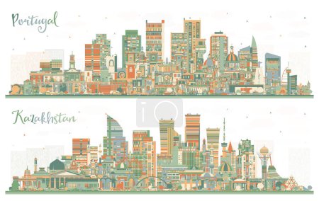 Photo for Kazakhstan and Portugal. City Skyline with Color Buildings. Illustration. Concept with Modern and Historic Architecture. Cityscape with Landmarks. Porto and Lisbon. - Royalty Free Image