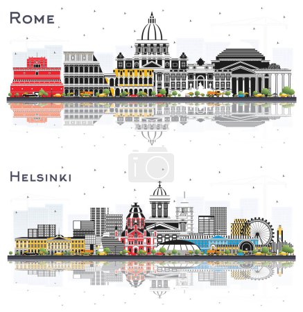 Foto de Helsinki Finlandia y Roma Escenario de la ciudad de Italia con edificios de colores y reflejos aislados en blanco. Concepto de viaje de negocios con arquitectura histórica. Paisaje urbano con hitos. - Imagen libre de derechos