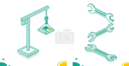 Photo for Isometric Wrench and Small Crane with Design Element. Outline Concept. Web Page Construction. - Royalty Free Image