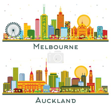 Photo for Auckland New Zealand and Melbourne Australia City Skyline set with Color Buildings Isolated on White. Illustration. Tourism Concept with Modern Architecture. Cityscape with Landmarks. - Royalty Free Image