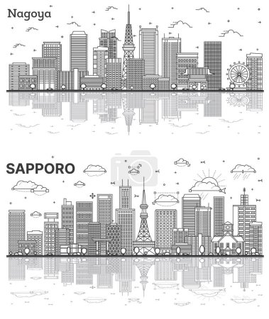Photo for Outline Sapporo and Nagoya Japan City Skyline set with Modern Buildings and Reflections Isolated on White. Cityscape with Landmarks. - Royalty Free Image