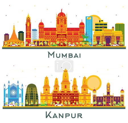 Photo for Kanpur and Mumbai India City Skyline set with Color Buildings Isolated on White. Illustration. Business Travel and Tourism Concept with Modern Architecture. Cityscape with Landmarks. - Royalty Free Image