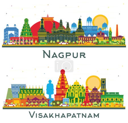 Photo for Visakhapatnam and Nagpur India City Skyline set with Color Buildings isolated on white. Illustration. Business Travel and Tourism Concept with Historic Architecture. Cityscape with Landmarks. - Royalty Free Image