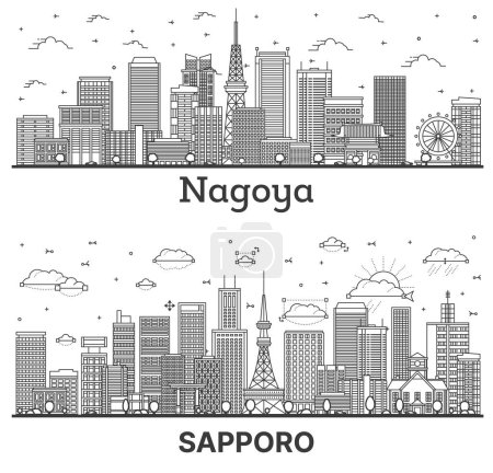 Photo for Outline Sapporo and Nagoya Japan City Skyline set with Modern Buildings Isolated on White. Cityscape with Landmarks. - Royalty Free Image