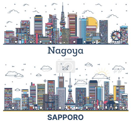 Foto de Esquema Sapporo y Nagoya Ciudad de Japón Skyline conjunto con edificios de color aislados en blanco. Paisaje urbano con puntos de referencia. - Imagen libre de derechos
