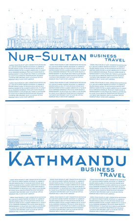 Photo for Outline Kathmandu Nepal and Nur-Sultan Kazakhstan City Skyline with Blue Buildings and Copy Space. Cityscape with Landmarks. Tourism Concept with Modern Architecture. - Royalty Free Image