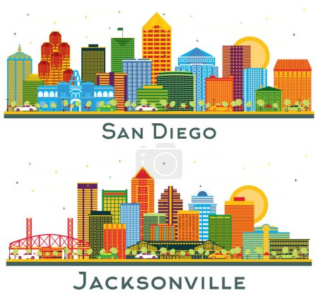 Téléchargez les photos : Jacksonville Florida et San Diego California City Skyline ensemble avec Color Buildings isolé sur blanc. Paysage urbain avec des monuments. - en image libre de droit