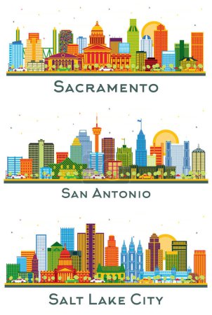 Photo for San Antonio Texas, Salt Lake City Utah and Sacramento USA city Skyline set with Color Buildings isolated on white. Cityscape with landmarks. - Royalty Free Image
