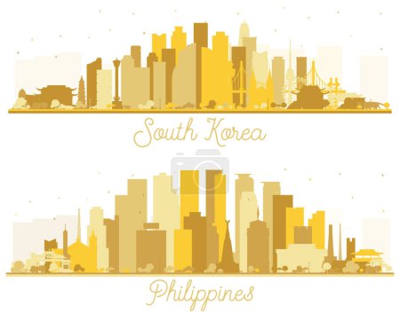Photo for Philippines and South Korea City Skyline Silhouette set with Golden Buildings Isolated on White. Illustration. Concept with Historic Architecture. Cityscape with Landmarks. Seoul. Busan. Daegu. - Royalty Free Image