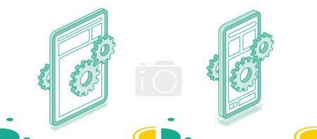 Photo for Isometric concept with tablet pc, smartphone and gearwheel. Application settings. Setup icon. Outline 3d objects isolated on white background. - Royalty Free Image