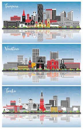 Photo for Vantaa, Turku and Tampere Finland city skyline set with color buildings, blue sky and reflections. Cityscape with landmarks. Business and tourism concept with modern and historic architecture. - Royalty Free Image