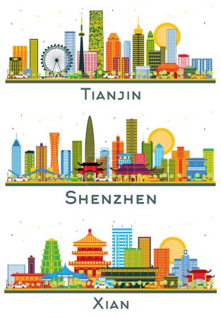 Photo for Shenzhen, Xian and Tianjin China City Skyline set with Color Buildings Isolated on White. Tourism Concept with Modern Buildings. Cityscape with Landmarks. - Royalty Free Image