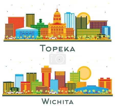 Téléchargez les photos : Wichita et Topeka Kansas USA ville Skyline ensemble avec des bâtiments de couleur isolés sur blanc. Paysage urbain avec des monuments. - en image libre de droit