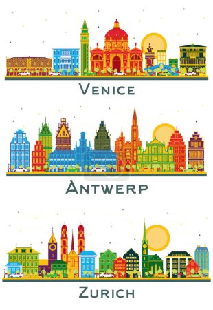 Photo for Antwerp Belgium, Zurich Switzerland and Venice Italy City Skyline set with Color Buildings Isolated on White. Cityscape with Landmarks. - Royalty Free Image