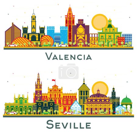 Photo for Seville and Valencia Spain City Skyline set with Color Buildings isolated on white. Business Travel and Tourism Concept with Historic Architecture. Cityscape with Landmarks. - Royalty Free Image