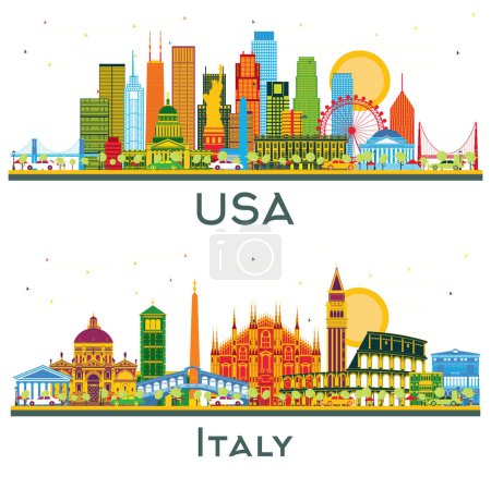 Foto de Italia y Estados Unidos Skyline conjunto con rascacielos de color y puntos de referencia aislados en blanco. Ilustración. Concepto de viajes de negocios y turismo con arquitectura moderna. - Imagen libre de derechos