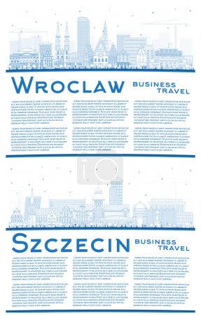 Téléchargez les photos : Schéma Szczecin et Wroclaw Poland City Skyline avec Blue Buildings et espace de copie. Paysage urbain avec des monuments. Voyages d'affaires et tourisme Concept avec architecture historique. - en image libre de droit