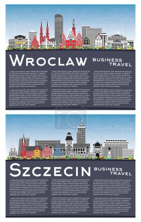 Téléchargez les photos : Ensemble Szczecin et Wroclaw Poland City Skyline avec bâtiments colorés, ciel bleu et espace de copie. Paysage urbain avec des monuments. Voyages d'affaires et tourisme Concept avec architecture historique. - en image libre de droit