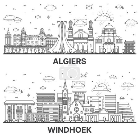 Photo for Outline Windhoek Namibia and Algiers Algeria city skyline set with modern and historic buildings isolated on white. Cityscape with landmarks. - Royalty Free Image