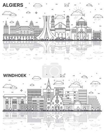 Photo for Outline Windhoek Namibia and Algiers Algeria city skyline set with historic buildings and reflections isolated on white. Cityscape with landmarks. - Royalty Free Image