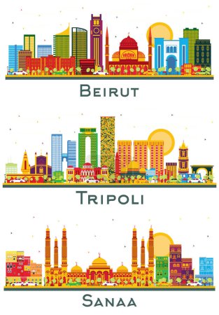 Téléchargez les photos : Tripoli Libya, Sanaa Yemen et Beyrouth Lebanon city Skyline avec des bâtiments de couleur isolés sur blanc. Paysage urbain avec des monuments. - en image libre de droit